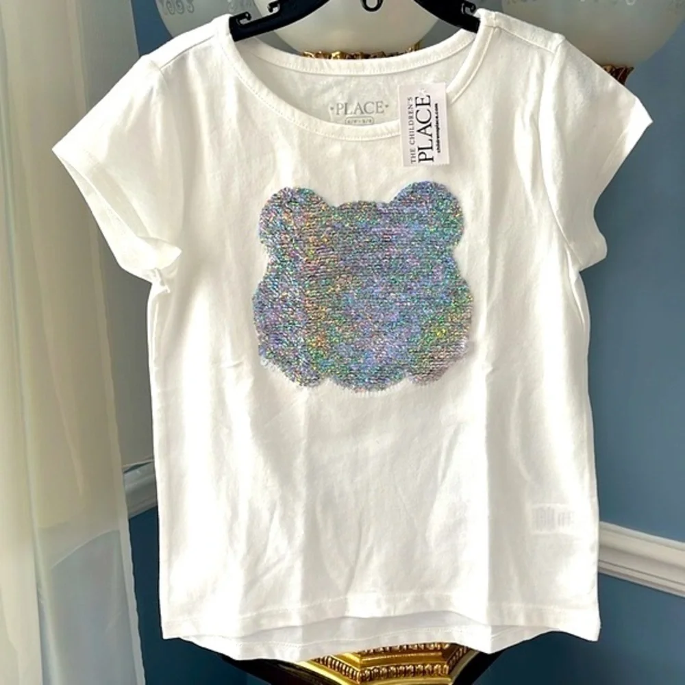 Brand New The Children’s Place White Short Sleeve Top Flip Sequins Floral Tiger
